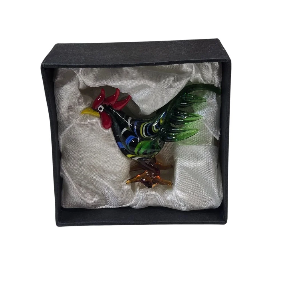Pier 1 Imports Ranger the Rooster Glass Figurine Farm Bird Green Red with Box